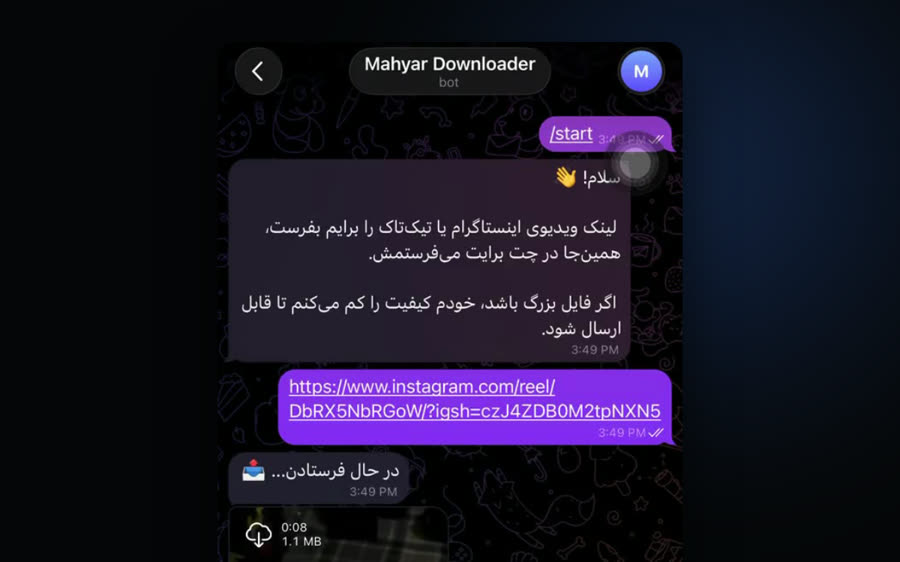 ربات دانلود ویدیو در تلگرام: فرستادن لینک اینستاگرام و تحویل گرفتن ویدیو در چت